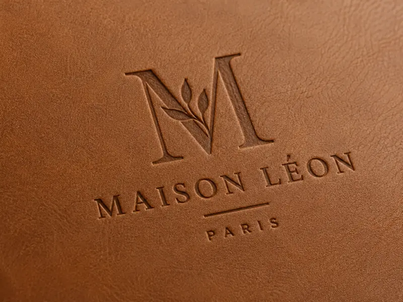 Marquage en creux Maison Léon sur cuir cognac