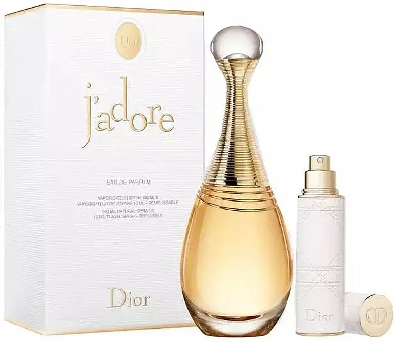 Flacon et coffret de parfum Dior J’adore aux finitions dorées